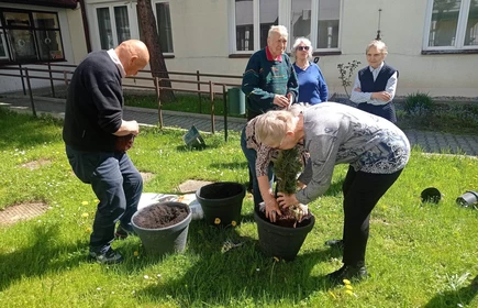 Kobieta i mężczyzna sadzą drzewo, za nimi stoją trzy osoby obserwujące 